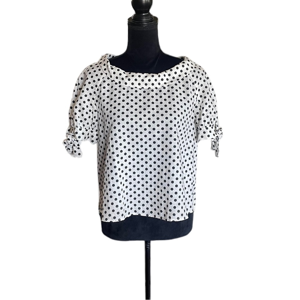 Zara linen shortsleeved bow detail polka dot cream & black button back top large